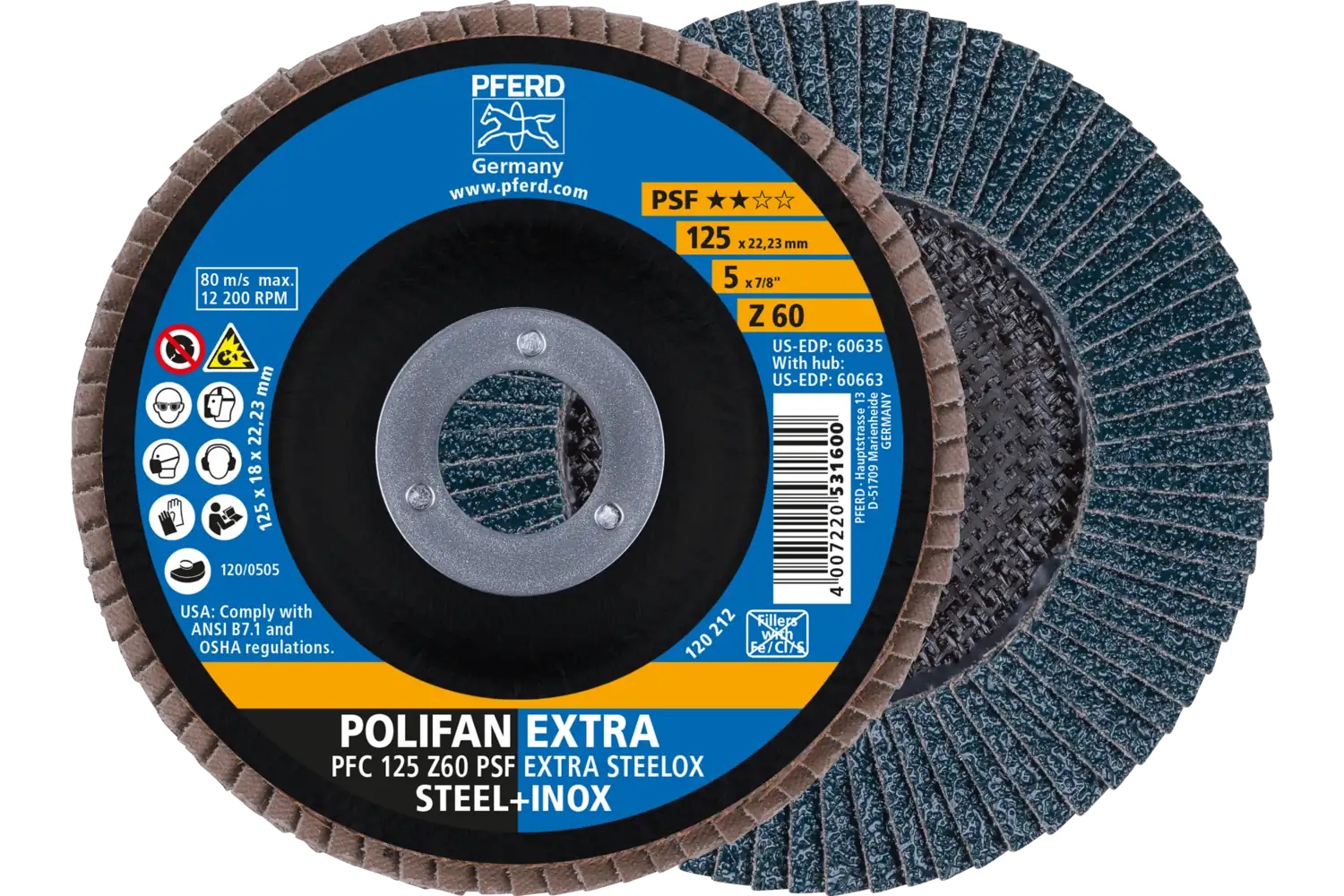 Picture of Pferd Flap Disc, 5" x 7/8, Z PSF Extra Steelox, 60 Grit, T29, Conical, Zirconia